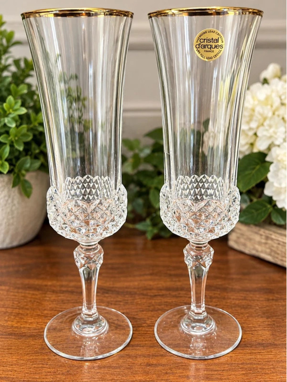 Vintage Cristal d’Arques France Gold Rim Lead Crystal Flutes – Set of 2